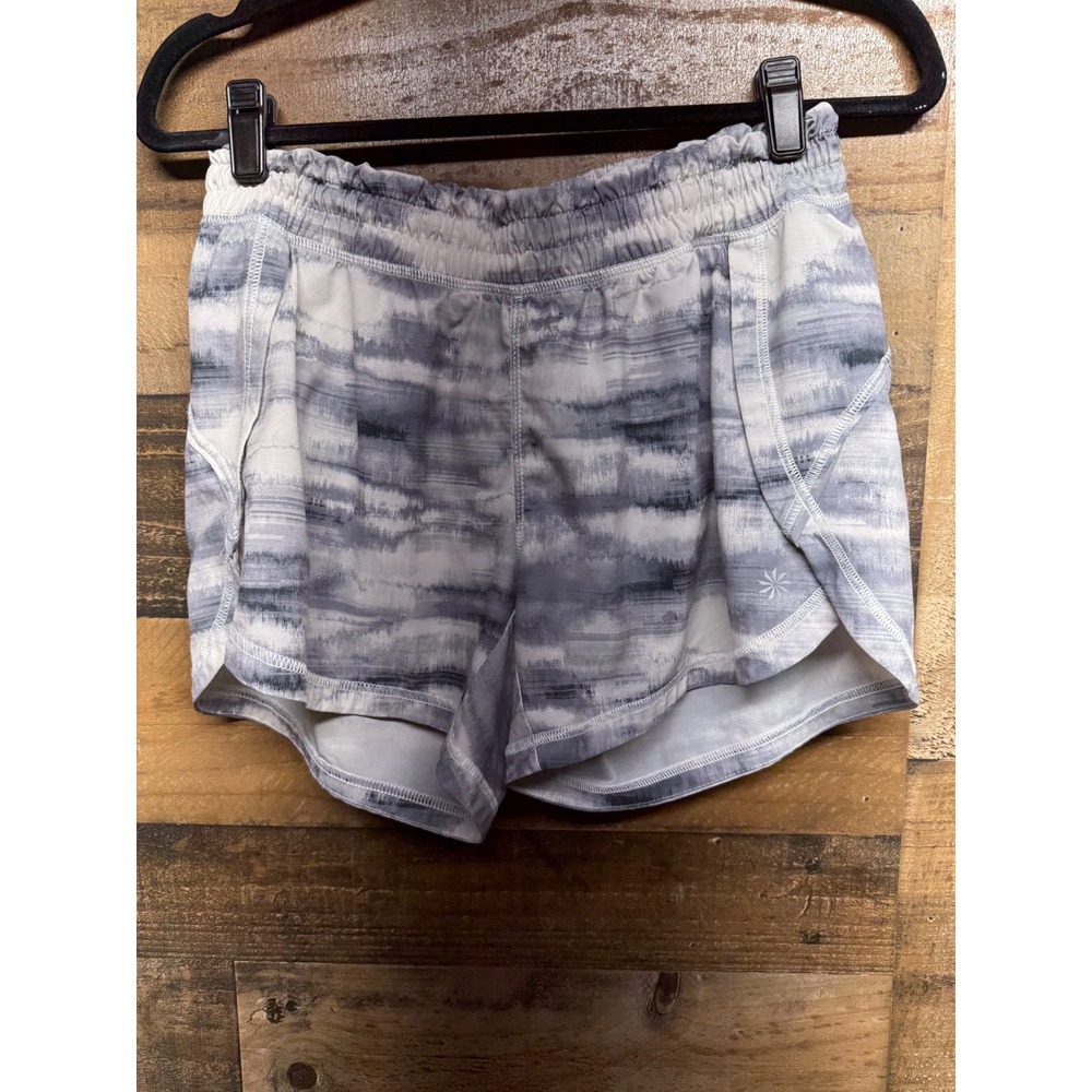 Athleta Womens Grey White Abstract Print Running Shorts Size S Built-in Liner